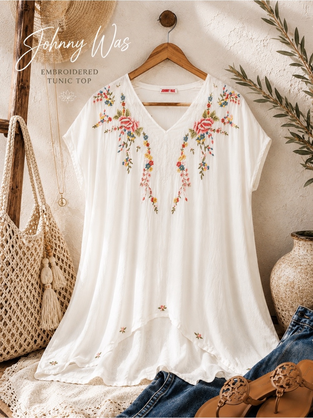 Johnny Was Embroidered Boho Tunic Top White Floral Resort